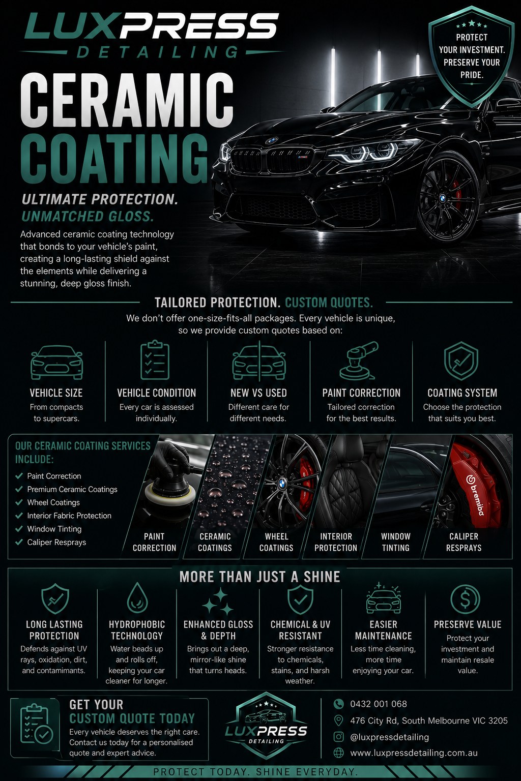 Luxpress Detailing flyer — ceramic coating: ultimate protection, unmatched gloss, tailored protection and custom quotes