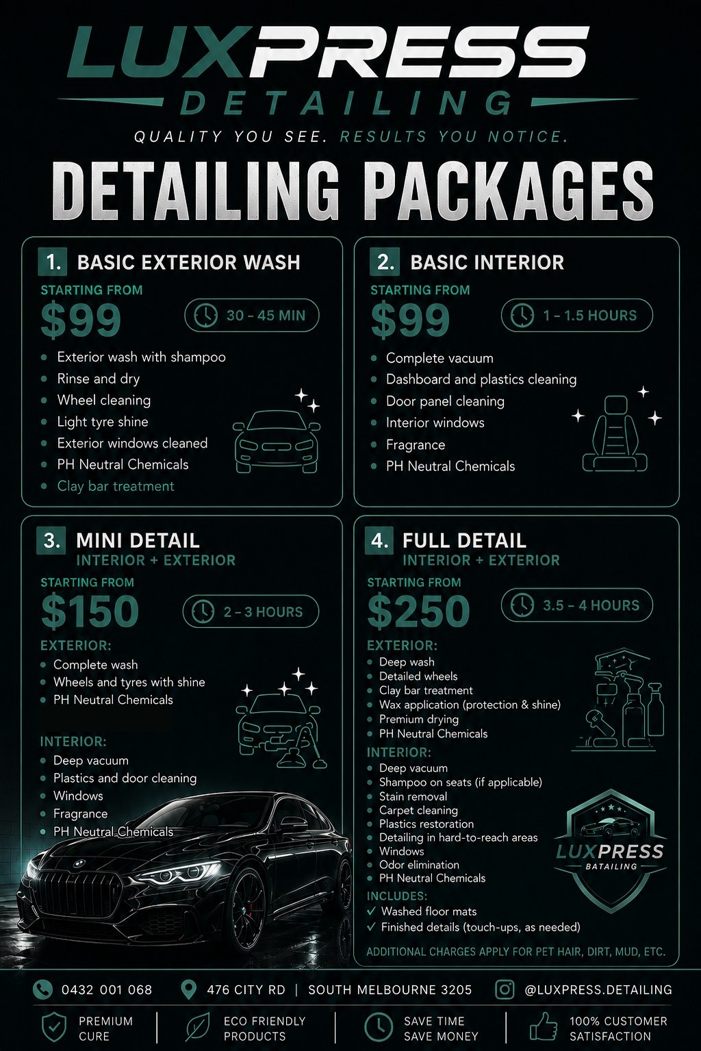 Luxpress Detailing flyer — detailing packages: Basic Exterior Wash from $99, Basic Interior from $99, Mini Detail from $150, Full Detail from $250