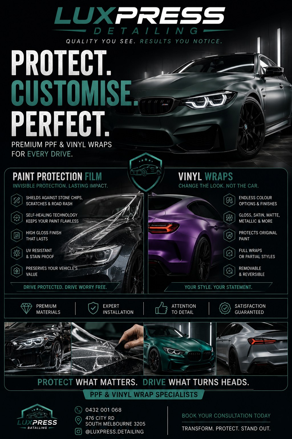 Luxpress Detailing flyer — paint protection film and vinyl wraps: protect, customise, perfect
